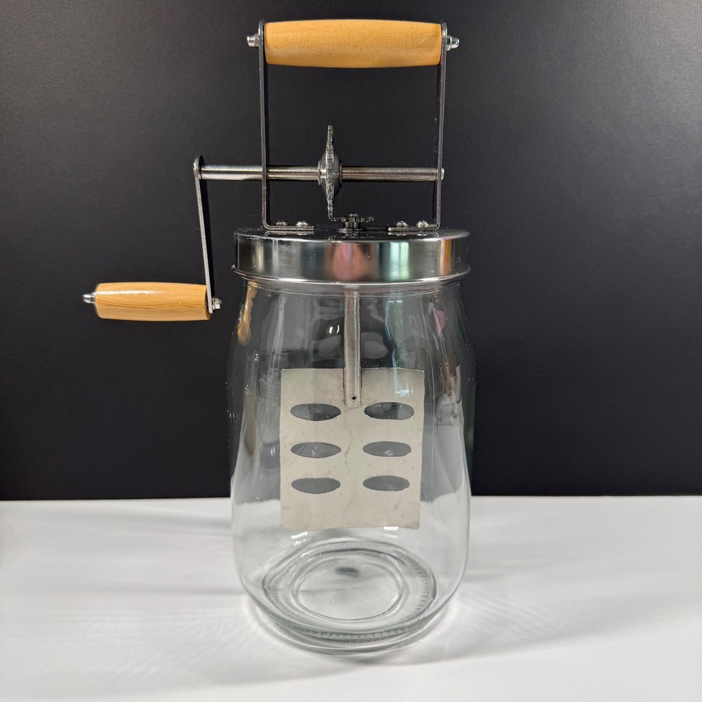 Glass Butter Churn Manual Hand Crank Wood Handle Stainless Steel 4 Cup Kitchen